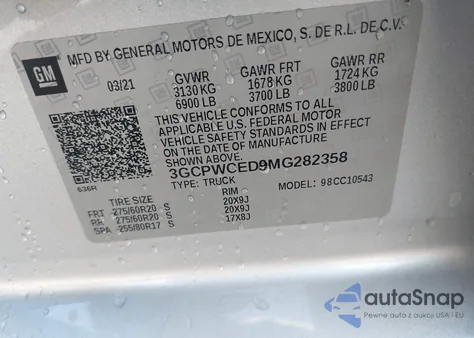 2021 Chevrolet Silverado 1500 2Wd Short Bed Lt z USA, uszkodzony, nr VIN 3GCPWCED9MG282358